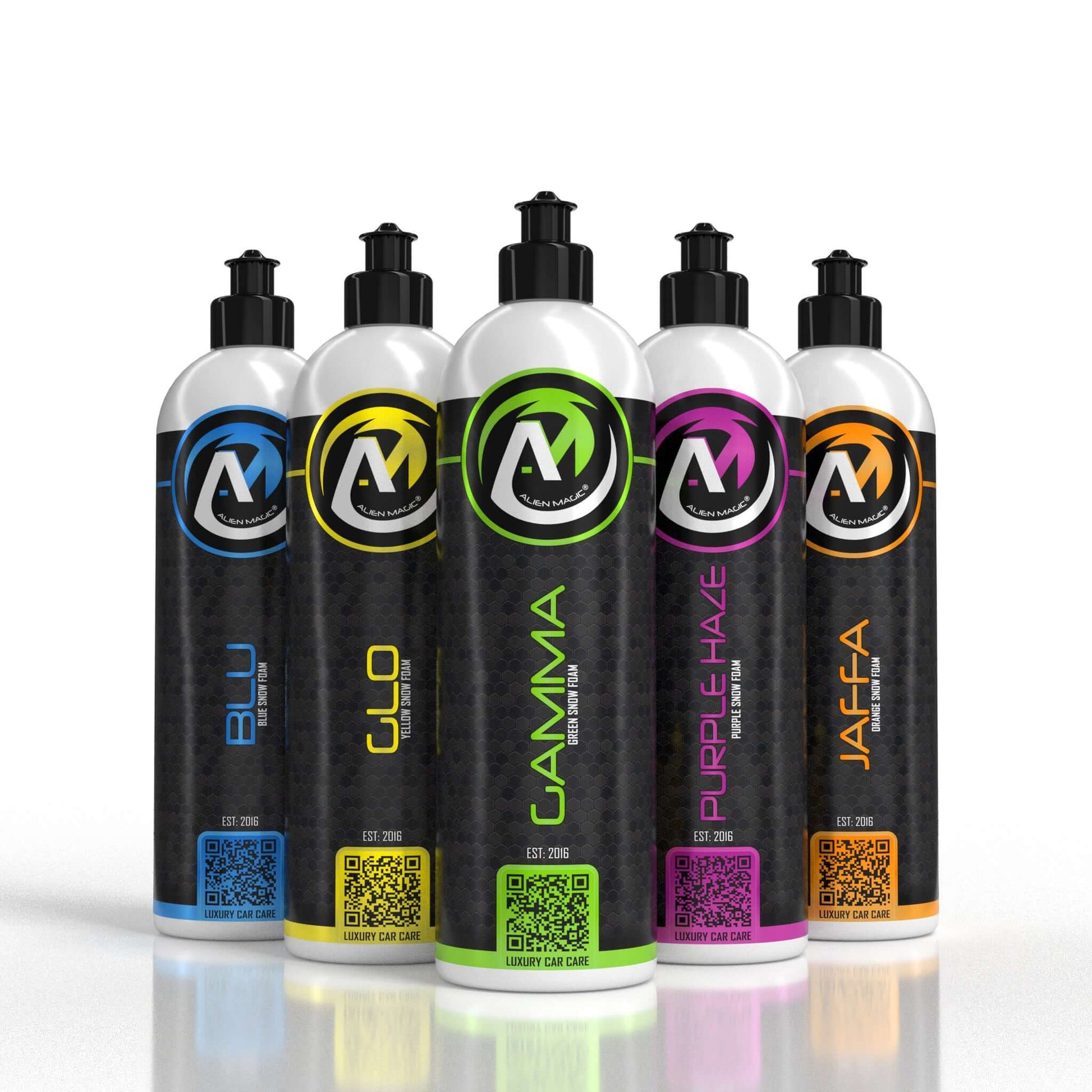 All five of Alien Magic's coloured snow foams.